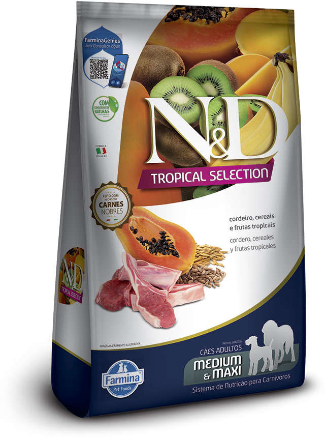Ração Seca N&D Tropical Selection Cordeiro, Cereais e Frutas para Cães Adultos Raças Médias e Grandes - 2Kg + 500 g