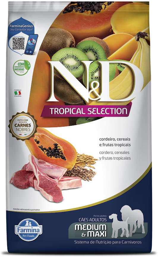 Ração Seca N&D Tropical Selection Cordeiro, Cereais e Frutas para Cães Adultos Raças Médias e Grandes - 2Kg + 500 g