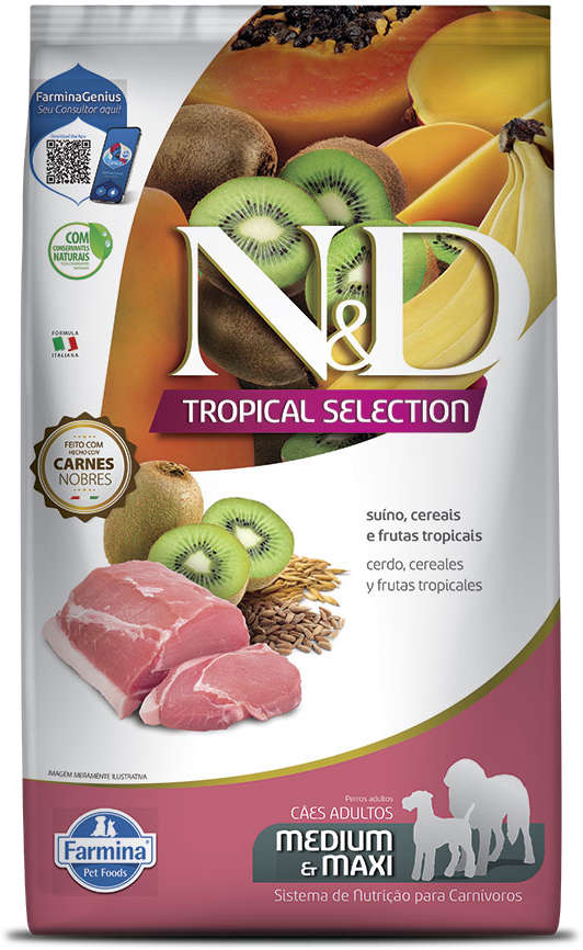 Ração Seca N&D Tropical Selection Suíno, Cereais e Frutas para Cães Adultos Raças Médias e Grandes - 2Kg + 500 g