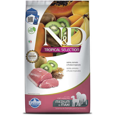 Ração Seca N&D Tropical Selection Suíno, Cereais e Frutas Tropicais para Cães Adultos de Raças Médias e Grandes