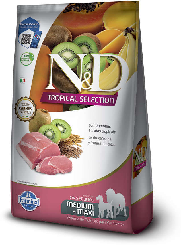 Ração Seca N&D Tropical Selection Suíno, Cereais e Frutas para Cães Adultos Raças Médias e Grandes - 2Kg + 500 g