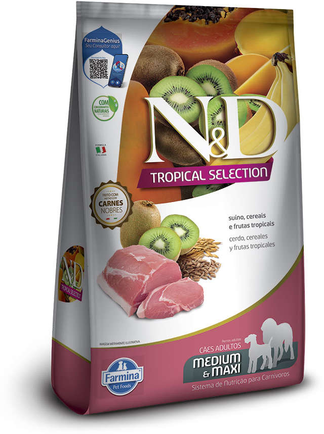 Ração Seca N&D Tropical Selection Suíno, Cereais e Frutas para Cães Adultos Raças Médias e Grandes - 2Kg + 500 g