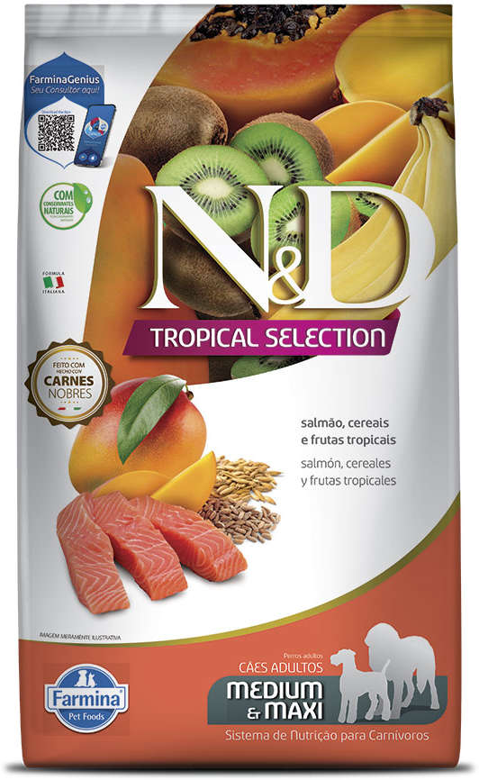 Ração Seca N&D Tropical Selection Salmão, Cereais e Frutas para Cães Adultos Raças Médias e Grandes - 2Kg + 500 g