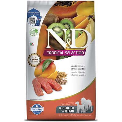 Ração Seca N&D Tropical Selection Salmão, Cereais e Frutas Tropicais para Cães Adultos de Raças Médias e Grandes
