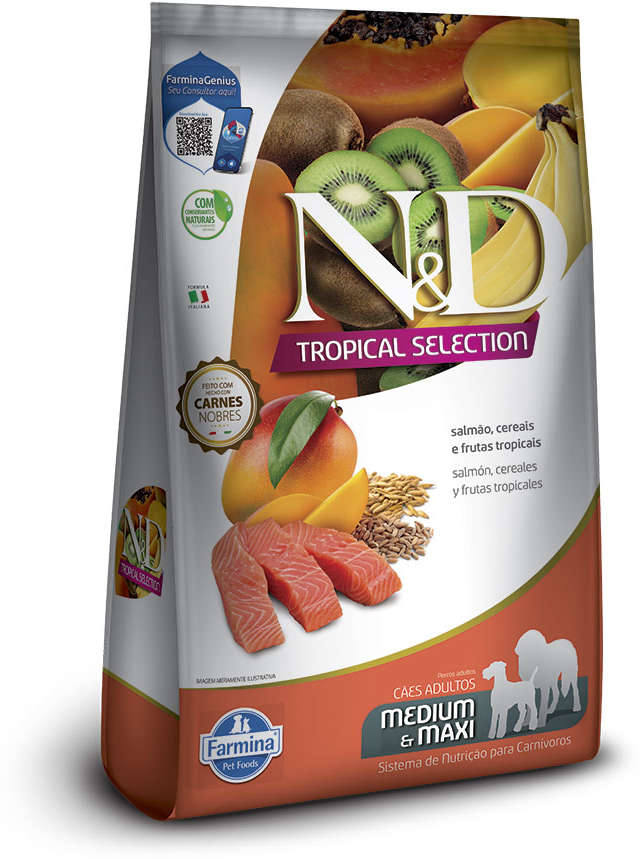Ração Seca N&D Tropical Selection Salmão, Cereais e Frutas para Cães Adultos Raças Médias e Grandes - 2Kg + 500 g
