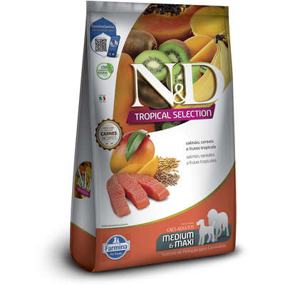 Ração Seca N&D Tropical Selection Salmão, Cereais e Frutas Tropicais para Cães Adultos de Raças Médias e Grandes