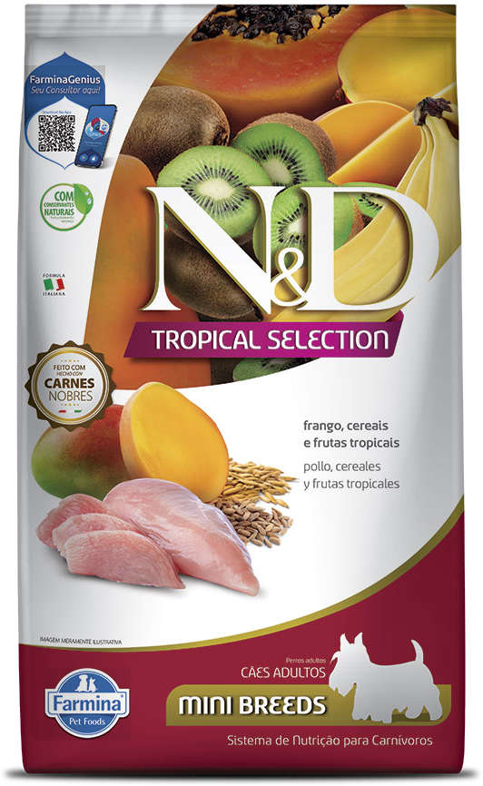 Ração Seca N&D Tropical Selection Frango, Cereais e Frutas Tropicais para Cães Adultos de Raças Minis - 2Kg + 500 g