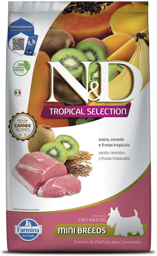 Ração Seca N&D Tropical Selection Suíno, Cereais e Frutas Tropicais para Cães Adultos de Raças Minis - 2Kg + 500 g