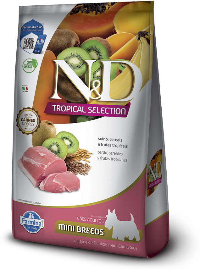Ração Seca N&D Tropical Selection Suíno, Cereais e Frutas Tropicais para Cães Adultos de Raças Minis - 2Kg + 500 g