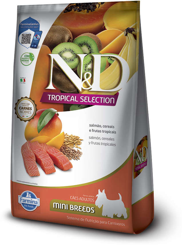 Ração Seca N&D Tropical Selection Salmão, Cereais e Frutas Tropicais para Cães Adultos de Raças Minis - 2Kg + 500 g