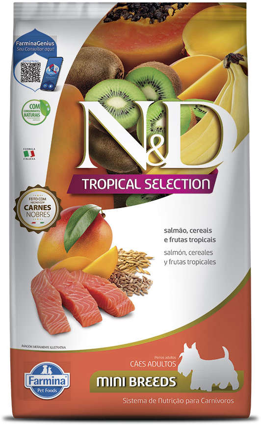 Ração Seca N&D Tropical Selection Salmão, Cereais e Frutas Tropicais para Cães Adultos de Raças Minis - 2Kg + 500 g