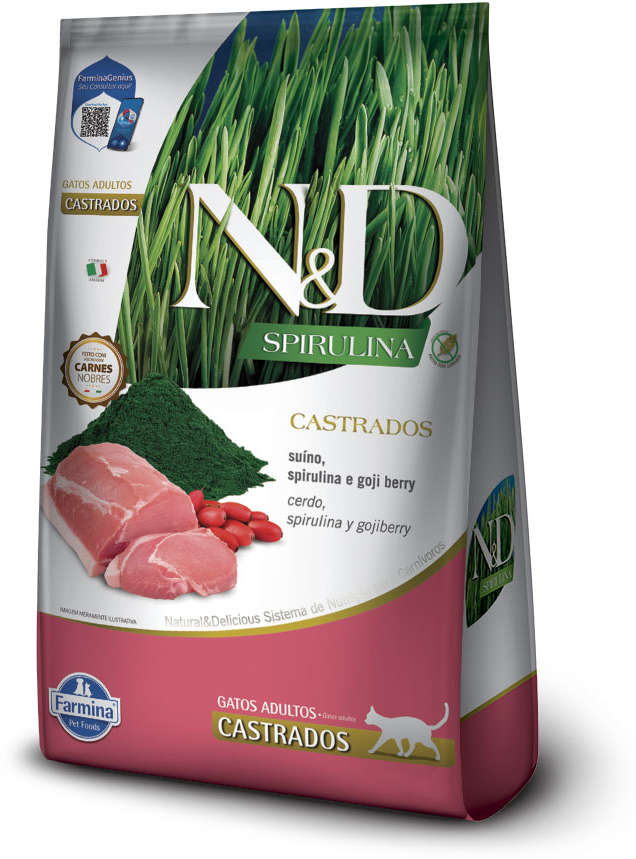 Ração Seca N&D Spirulina Suíno e Goji Berry para Gatos Adultos Castrados - 7Kg