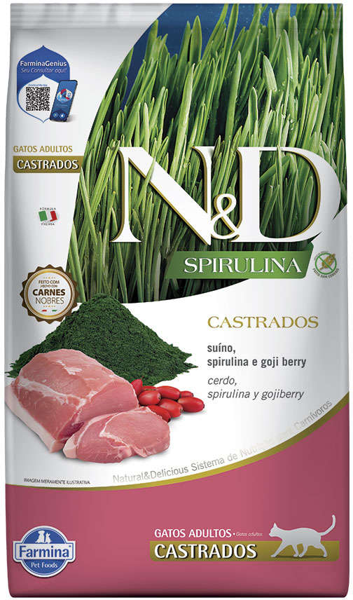 Ração Seca N&D Spirulina Suíno e Goji Berry para Gatos Adultos Castrados - 7Kg