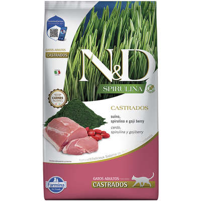 Ração Seca N&D Spirulina Suíno e Goji Berry para Gatos Adultos Castrados