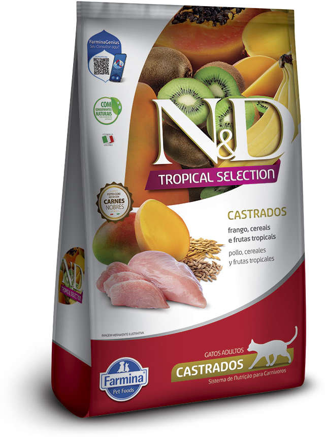 Ração Seca N&D Tropical Selection Frango, Cereais e Frutas Tropicais para Gatos Adultos Castrados - 7Kg