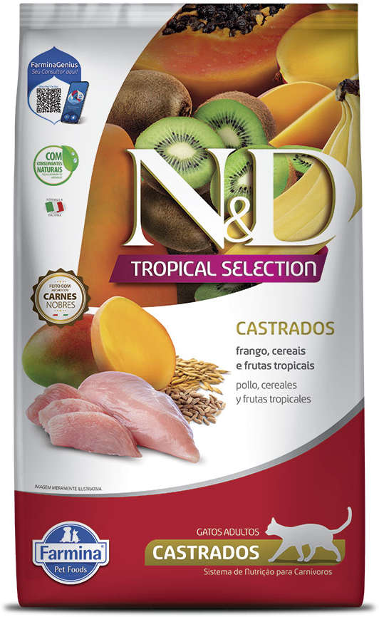 Ração Seca N&D Tropical Selection Frango, Cereais e Frutas Tropicais para Gatos Adultos Castrados - 7Kg