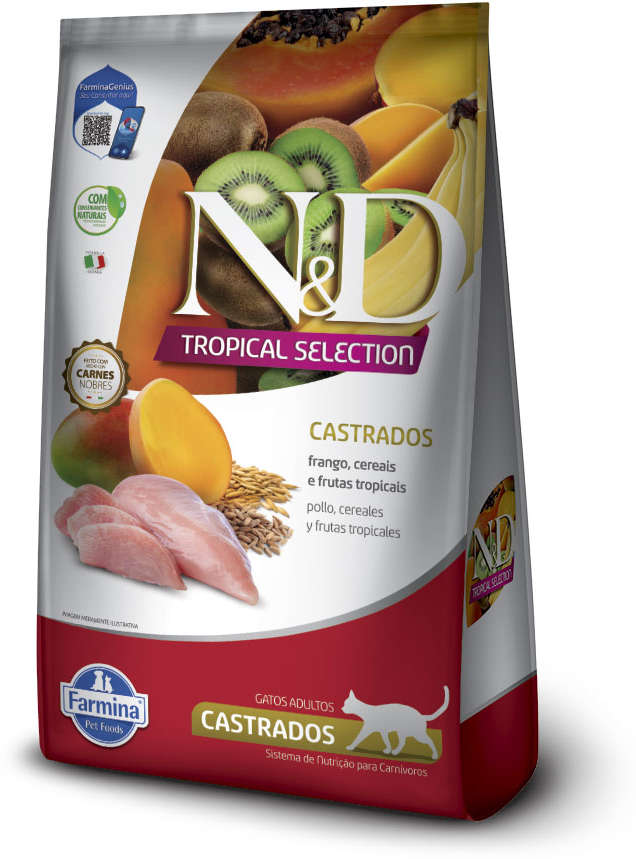 Ração Seca N&D Tropical Selection Frango, Cereais e Frutas Tropicais para Gatos Adultos Castrados - 7Kg