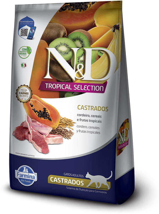 Ração Seca N&D Tropical Selection Cordeiro, Cereais e Frutas Tropicais para Gatos Adultos Castrados - 7Kg