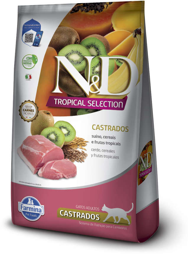 Ração Seca N&D Tropical Selection Suíno, Cereais e Frutas Tropicais para Gatos Adultos Castrados - 400 g