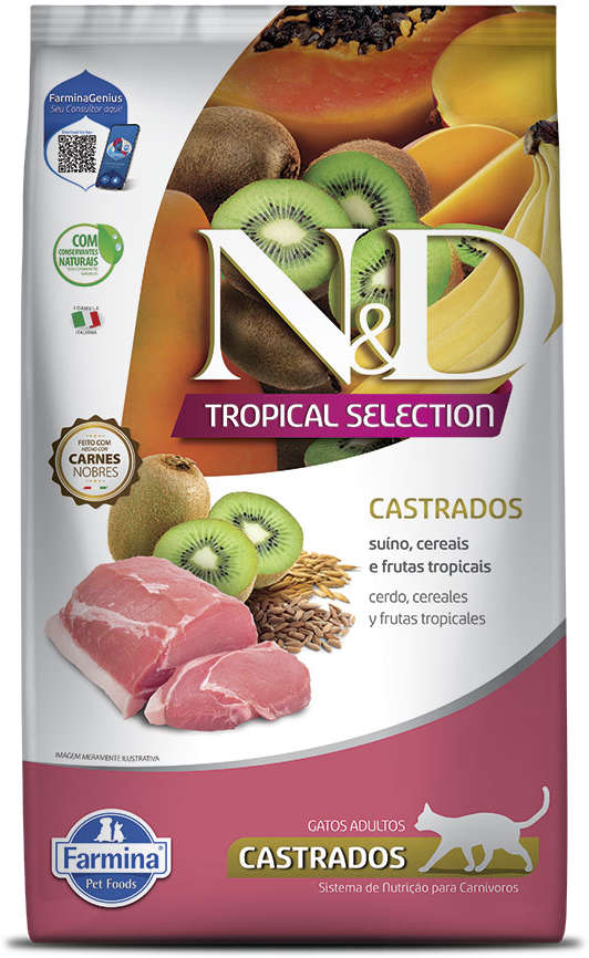 Ração Seca N&D Tropical Selection Suíno, Cereais e Frutas Tropicais para Gatos Adultos Castrados - 400 g