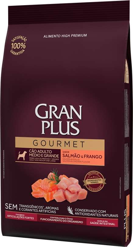 Ração Seca GranPlus Gourmet Salmão & Frango para Cães Adultos Raças Médias e Grandes - 10,1Kg