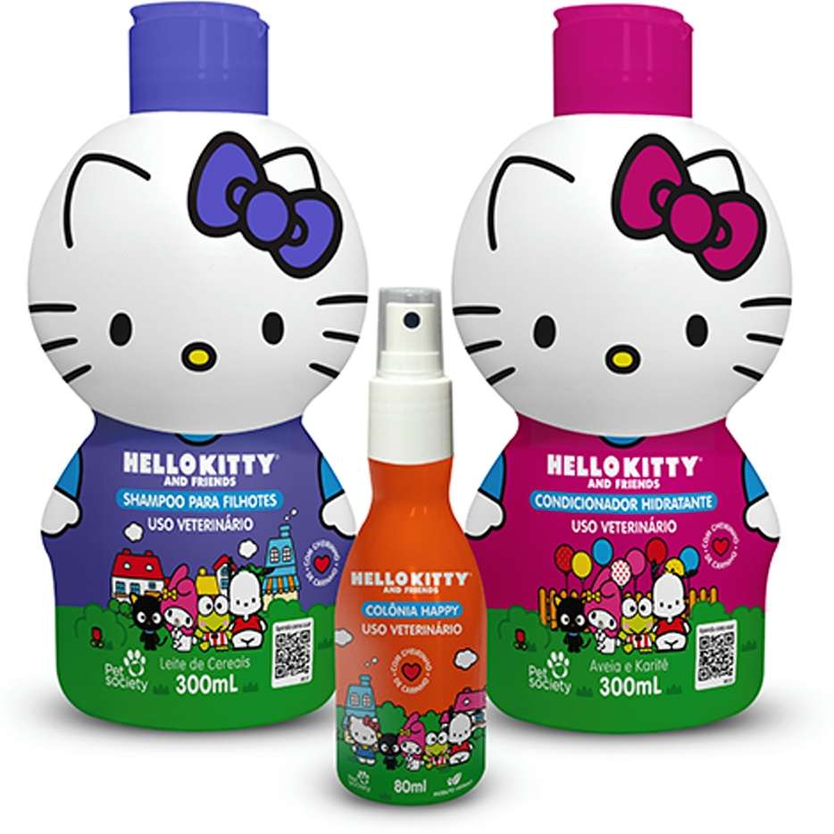 Kit Pet Society Hello Kitty Shampoo Leite de Cereais, Condicionador Karitê e Colônia Cheirinho de Carinho - Kit