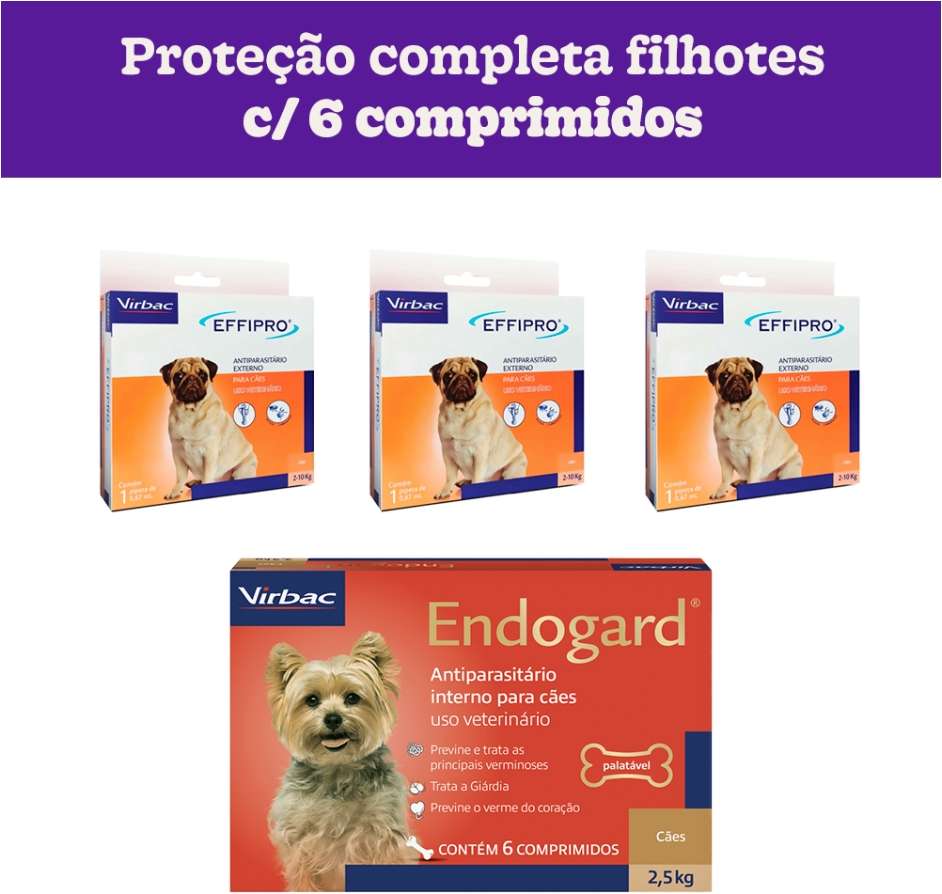 Kit Virbac Vermífugo Endogard e Antipulgas e Carrapatos Effipro para Cães até 2,5Kg - 6 Comprimidos + 0,67 mL