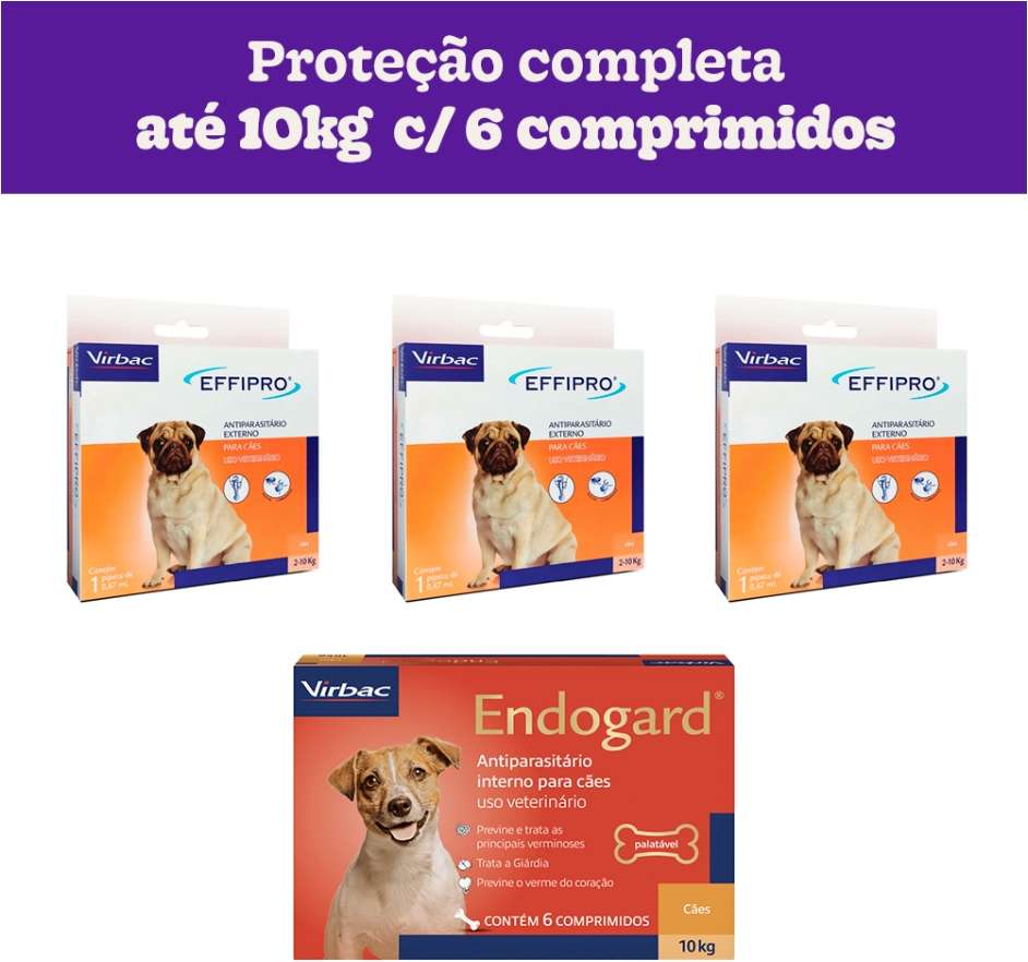 Kit Virbac Vermífugo Endogard e Antipulgas e Carrapatos Effipro para Cães até 10Kg - 6 Comprimidos + 0,67 mL
