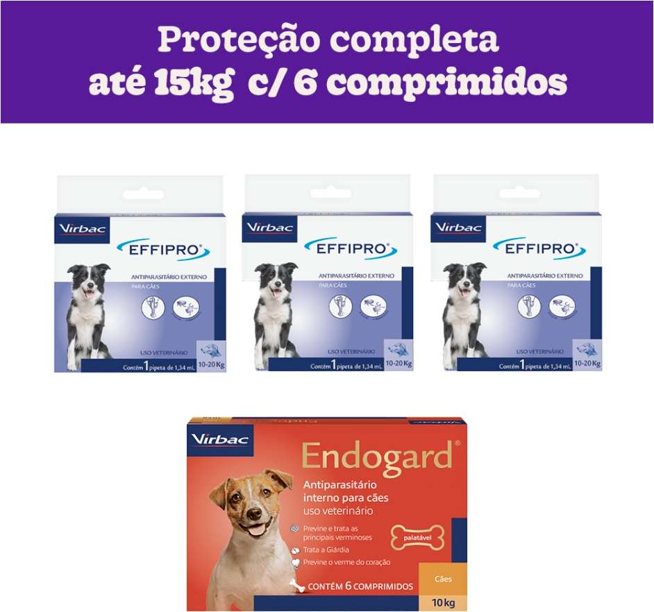 Kit Virbac Vermífugo Endogard e Antipulgas e Carrapatos Effipro para Cães até 15Kg - 6 Comprimidos + 1,34 mL
