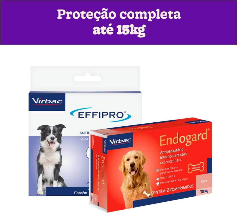 Kit Virbac Vermífugo Endogard e Antipulgas e Carrapatos Effipro para Cães até 15Kg - 2 Comprimidos + 1,34 mL