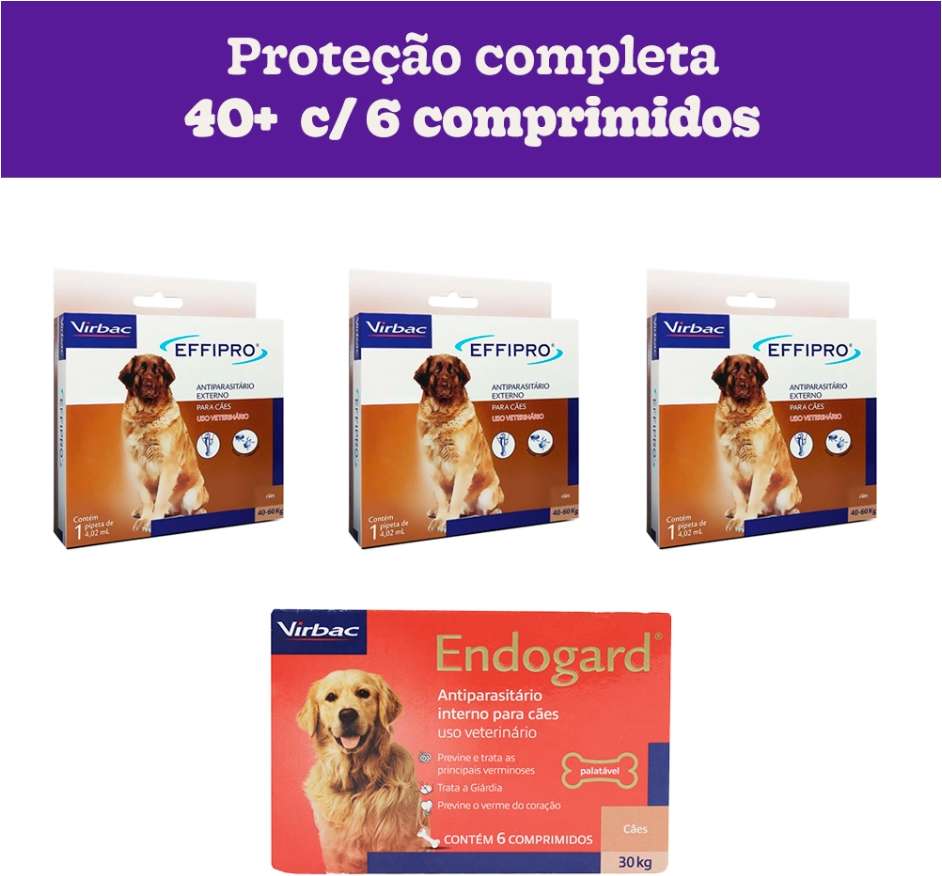Kit Virbac Vermífugo Endogard e Antipulgas e Carrapatos Effipro para Cães até 60Kg - 6 Comprimidos + 4,02 mL