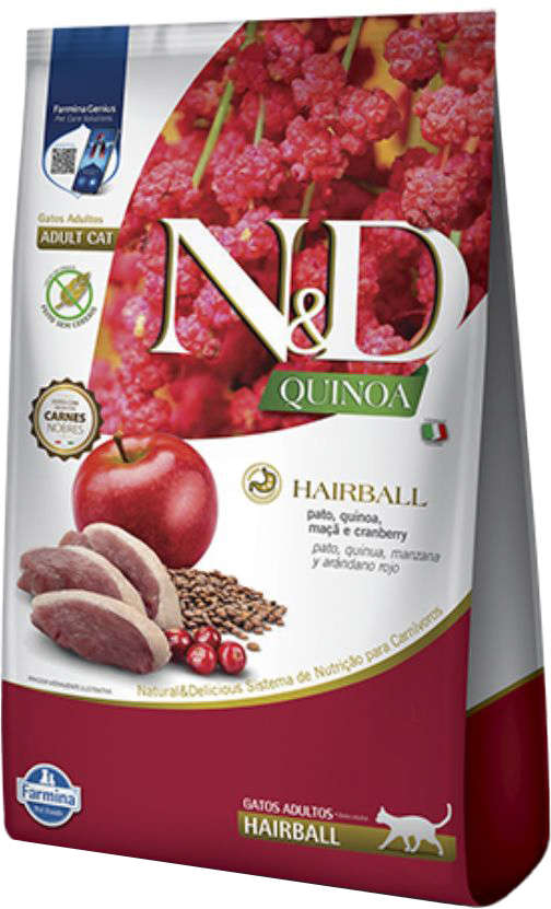 Ração Seca N&D Quinoa Hairball Pato, Maçã e Cranberry para Gatos Adultos - 1,5Kg