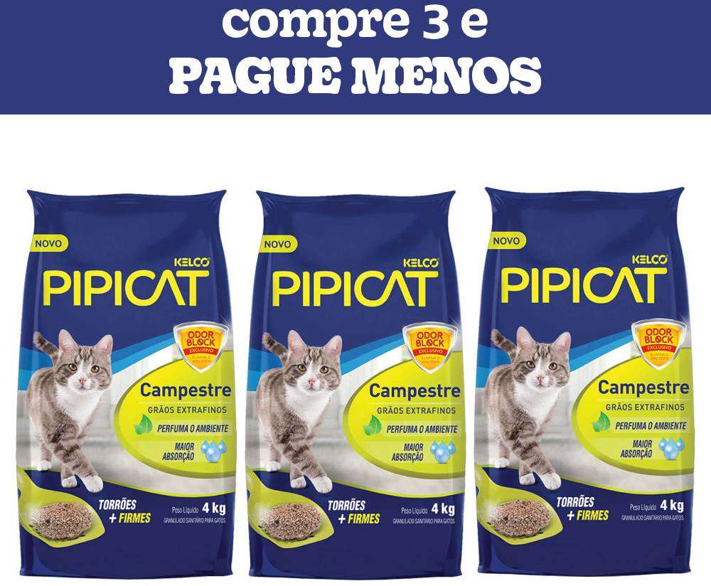 Areia Sanitária Kelco Pipicat Campestre - 12Kg (3 Pacotes 4kg)
