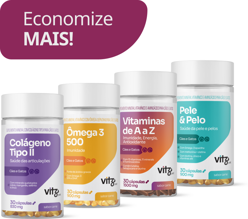 Kit Suplementos Vitz Pet Longevidade (Colágeno, Ômega 3, Pele e Pelo, Vitamnas de A a Z) - 120 Cápsulas
