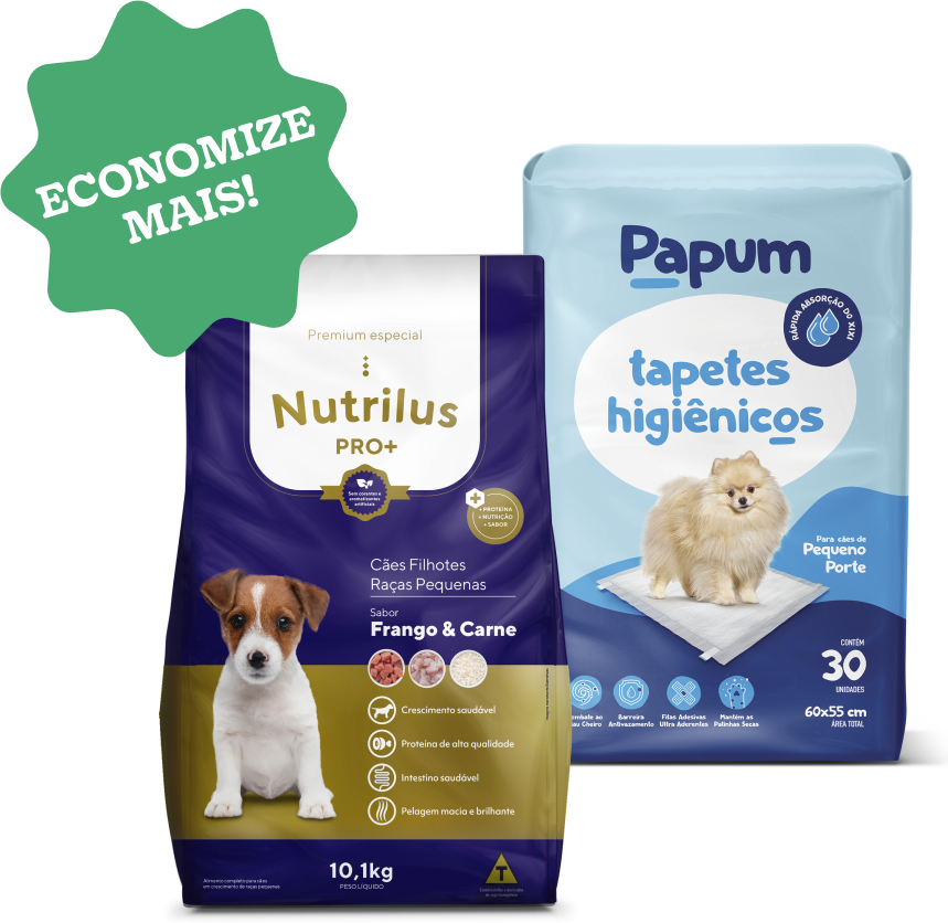 Kit Ração Seca Nutrilus Pro+ e Tapete Higiênico Papum para Cães Porte Pequeno - 10,1Kg + 30 Unidades
