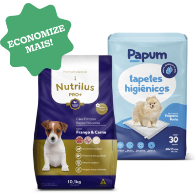 Kit Ração Seca Nutrilus Pro+ e Tapete Higiênico Papum para Cães Porte Pequeno - 10,1 Kg + 30 Unidades