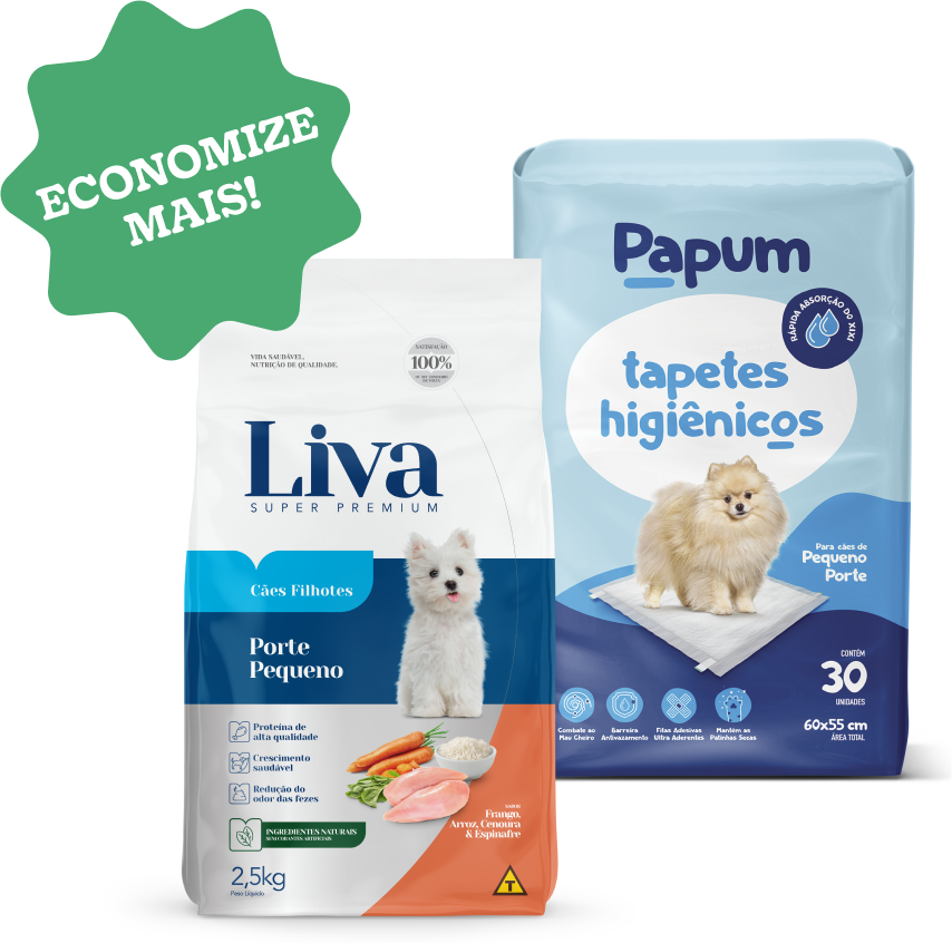 Kit Ração Seca Super Premium Liva e Tapete Higiênico Papum para Cães Porte Pequeno - 2,5Kg + 30 Unidades
