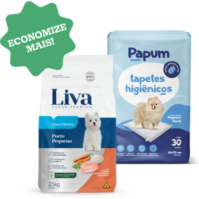 Kit Ração Seca Super Premium Liva e Tapete Higiênico Papum para Cães Porte Pequeno - 2,5 Kg + 30 Unidades