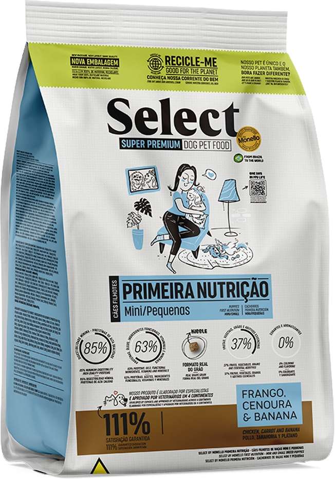 Ração Seca Select by Monello Primeira Nutrição Frango, Cenoura e Banana para Cães Filhotes Porte Mini e Pequeno - 2Kg