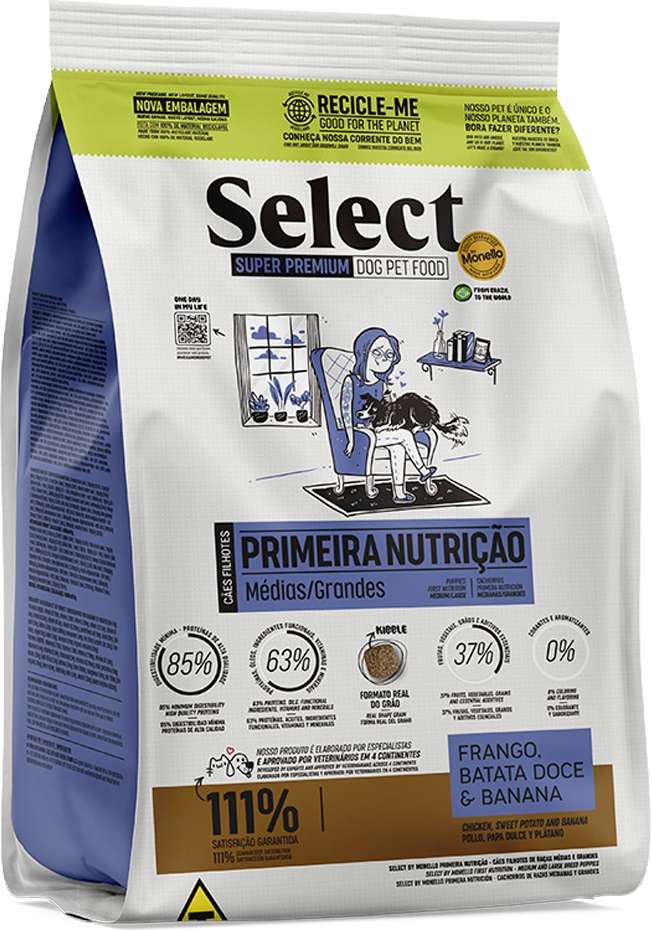 Ração Seca Select by Monello Primeira Nutrição Frango, Cenoura e Banana para Cães Filhotes Porte Médio e Grande - 7Kg