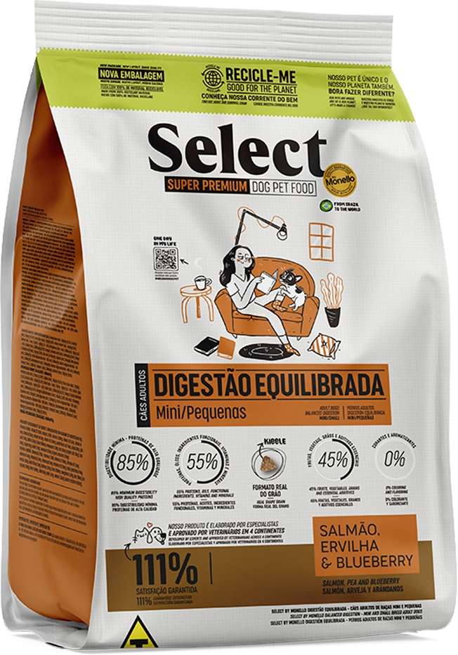 Ração Seca Select by Monello Digestão Equilibrada Salmão, Ervilha e Blueberry para Cães Porte Mini e Pequeno - 15Kg