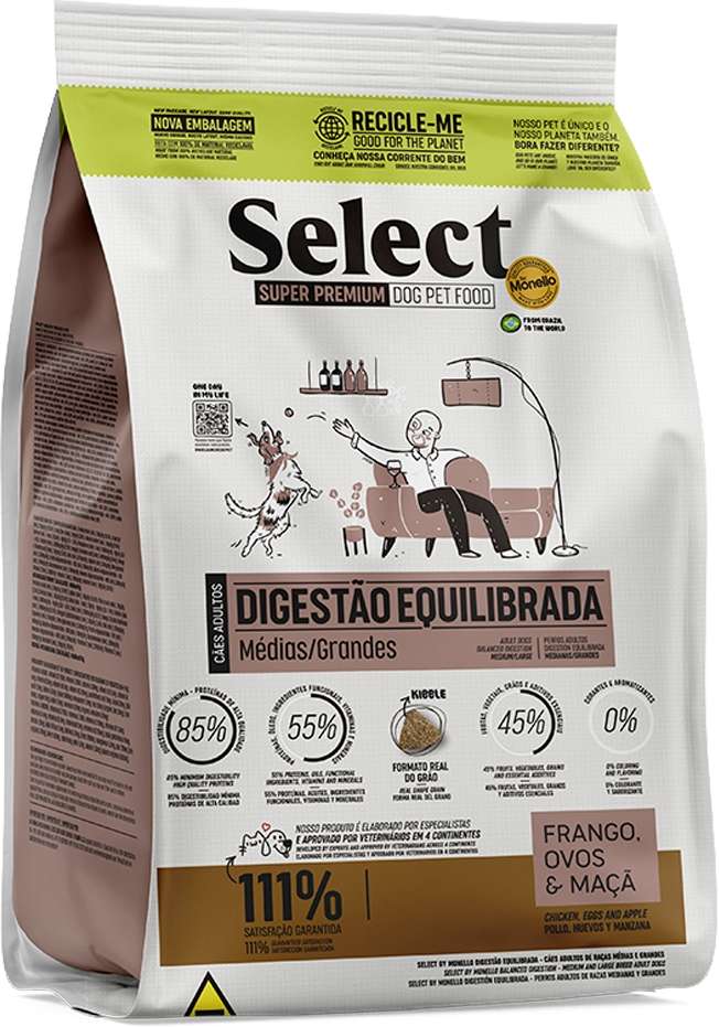Ração Seca Select by Monello Digestão Equilibrada Frango, Ovos e Maçã para Cães Porte Médio e Grande - 15Kg
