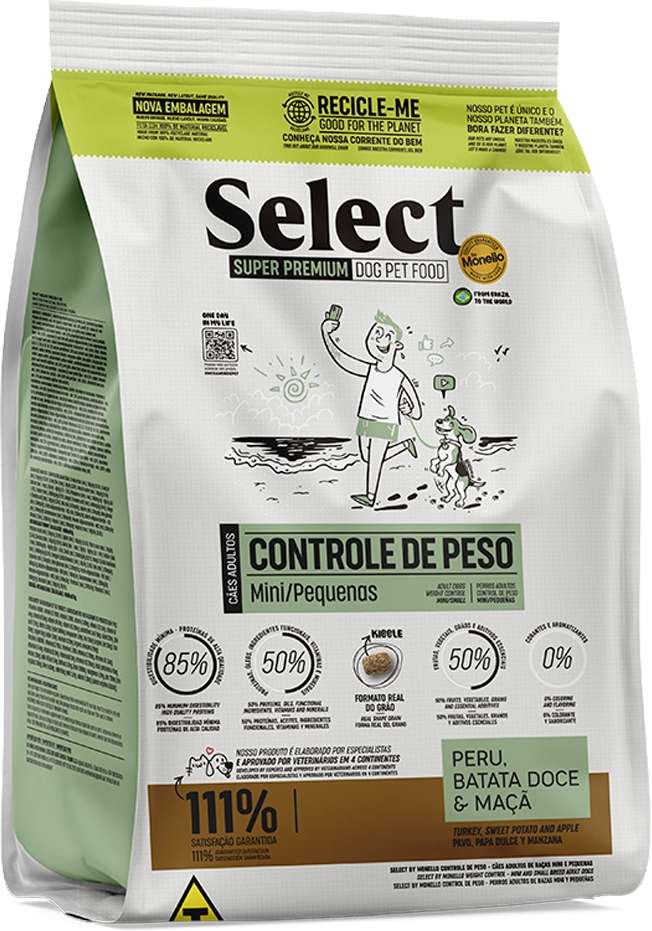 Ração Seca Select by Monello Controle de Peso Peru, Batata Doce e Maçã para Cães Porte Mini e Pequeno - 15Kg
