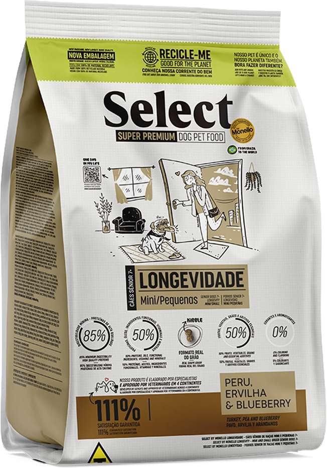 Ração Seca Select by Monello Longevidade Peru, Ervilha e Blueberry para Cães Porte Mini e Pequeno - 10,1Kg