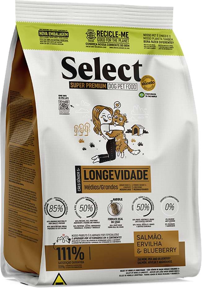 Ração Seca Select by Monello Longevidade Salmão, Ervilha e Blueberry para Cães Porte Médio Grande - 15Kg