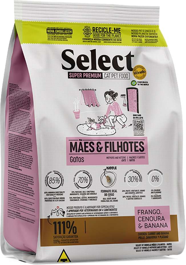 Ração Seca Select by Monello Mães e Filhotes Frango, Cenoura e Banana para Gatos - 7Kg