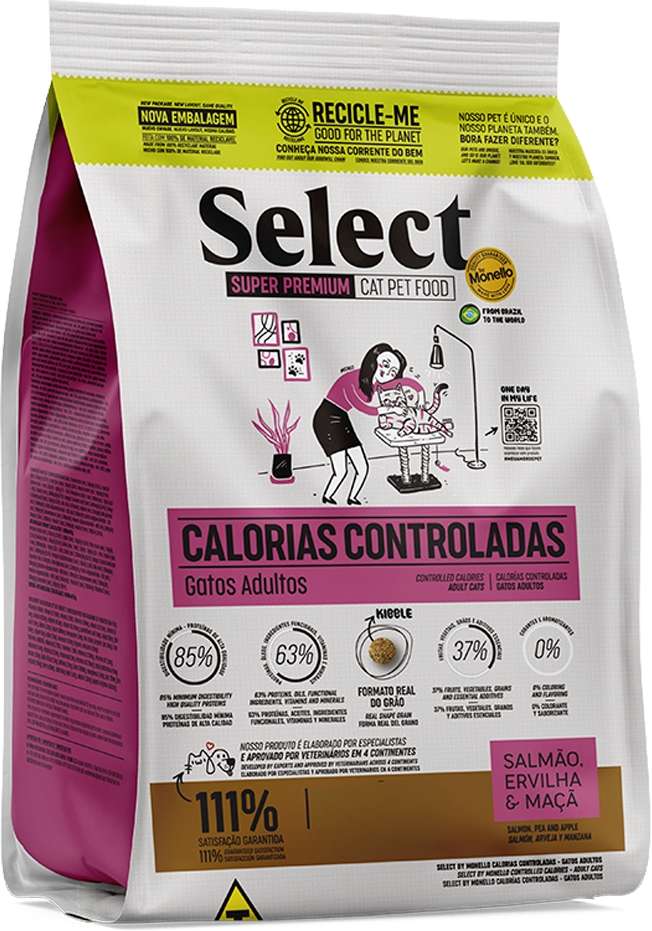 Ração Seca Select by Monello Calorias Controladas Salmão, Ervilha e Maçã para Gatos - 7Kg