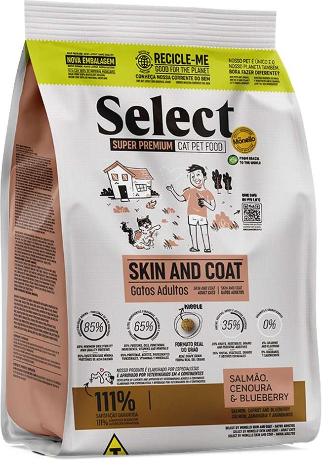 Ração Seca Select by Monello Skin and Coat Salmão, Cenoura e Blueberry para Gatos - 7Kg