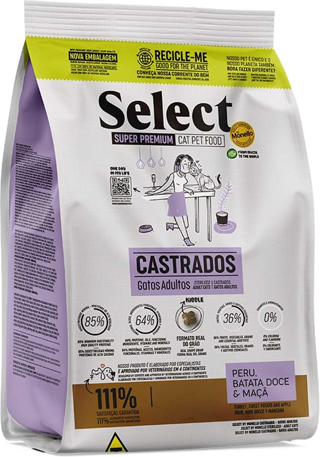 Ração Seca Select by Monello Peru, Batata Doce e Maçã para Gatos Castrados - 7Kg