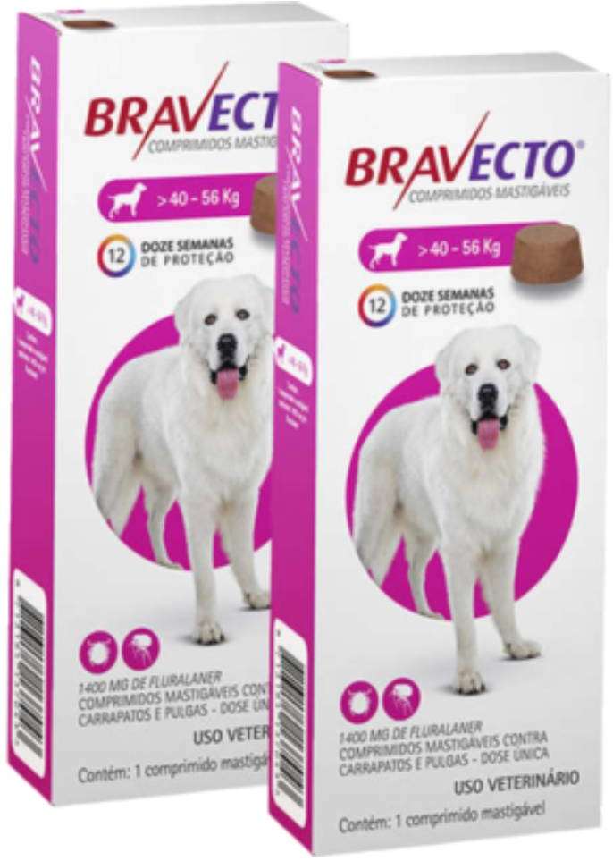 Antipulgas e Carrapatos Bravecto 1400 mg para Cães de 40 a 56Kg - 2 Caixas (2 Comprimidos)